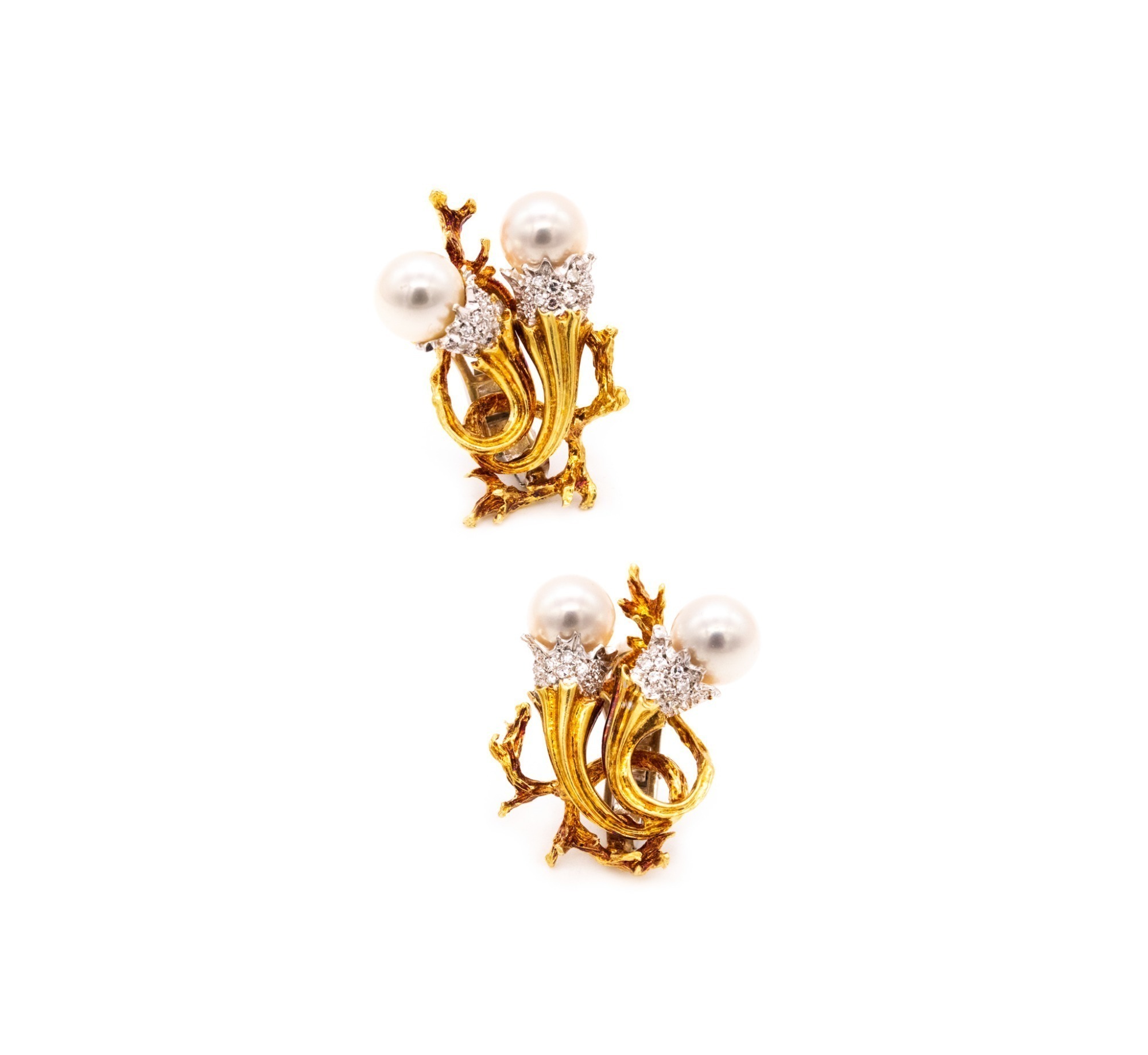 18K GOLD PLATINUM DIAMOND AND PEARL TORCHIERE EARRINGS SIGNED BLITS, CIRCA 1960