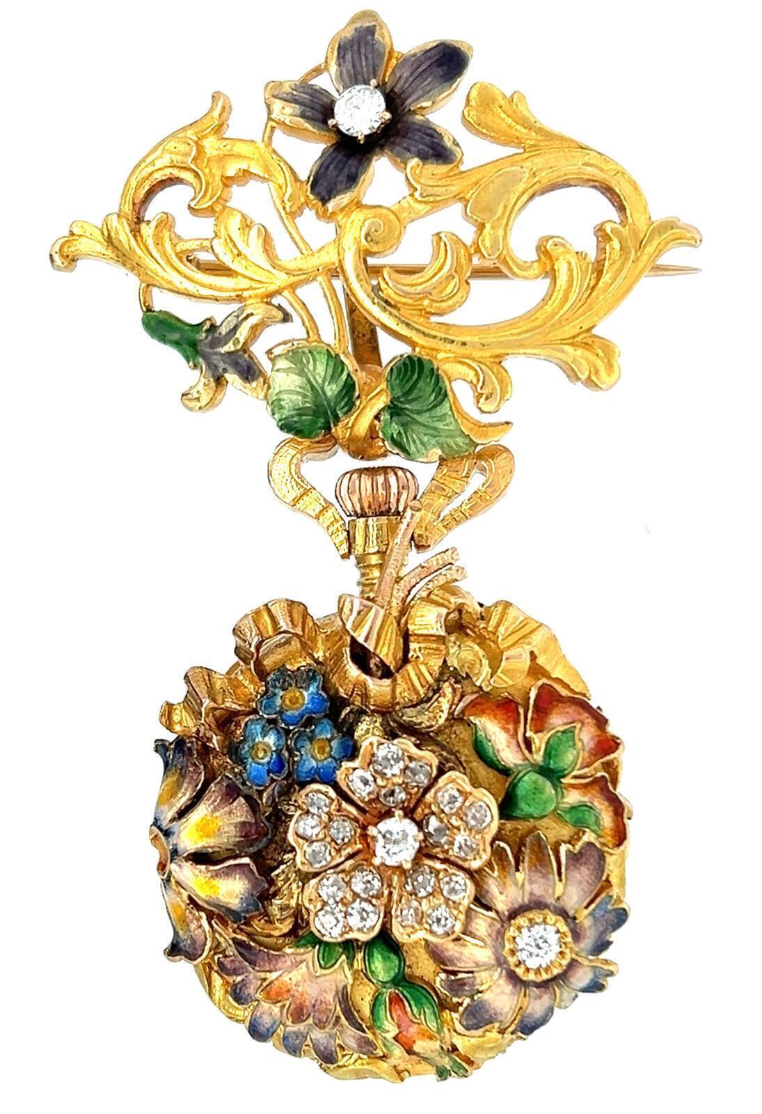 ART NOUVEAU LONGINES 18K GOLD MULTI-COLOR ENAMEL AND DIAMOND PENDANT WATCH WITH PIN, CIRCA 1893