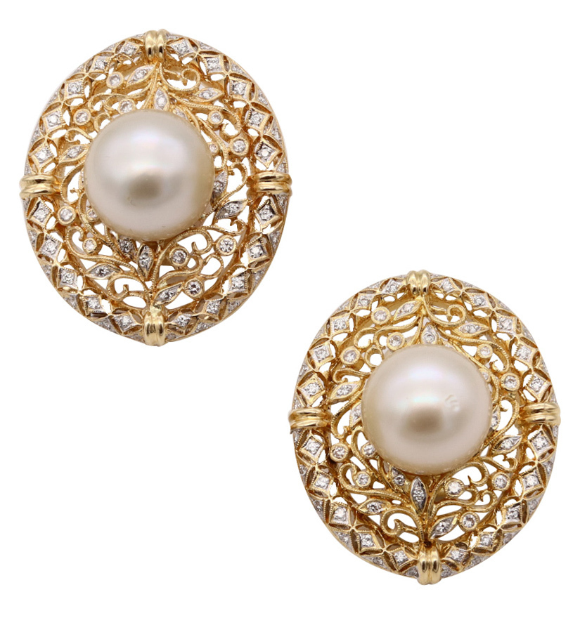 18K GOLD SOUTH SEA PEARL AND DIAMOND DESIGNER EARRINGS