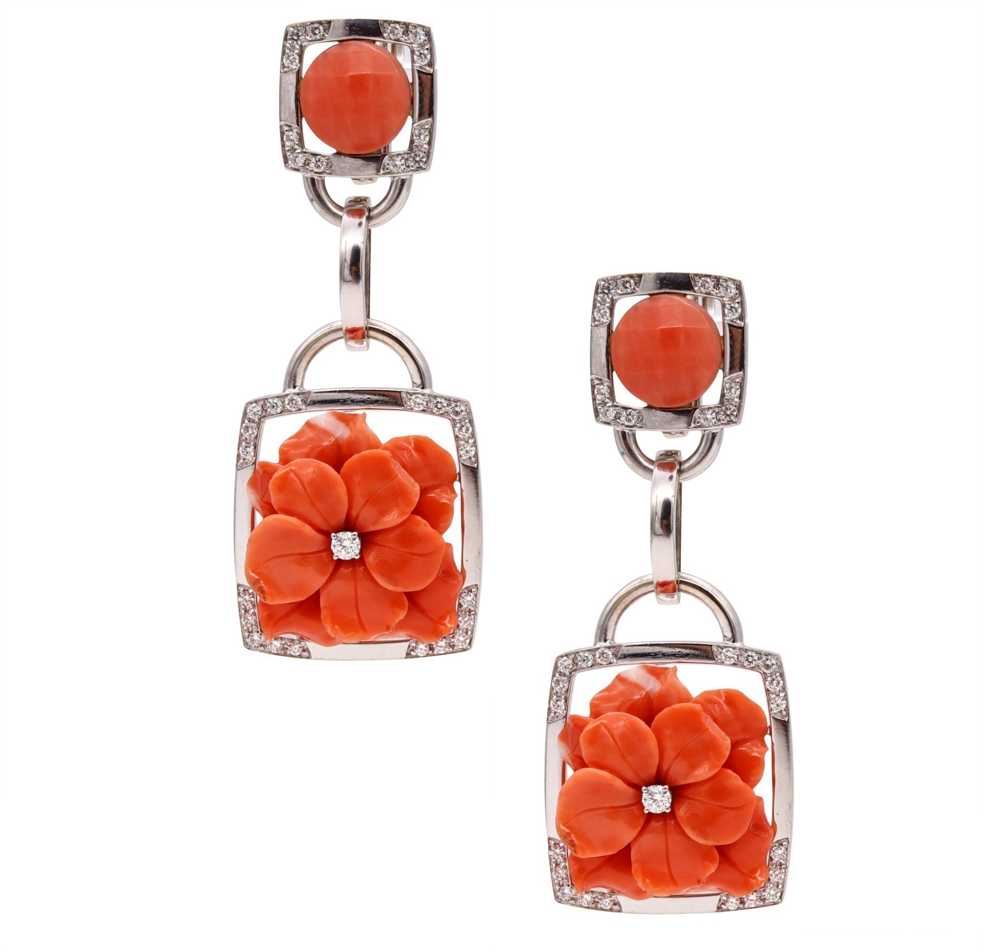 SABBADINI MILANO 18K WHITE GOLD CORAL AND DIAMOND DROP EARRINGS