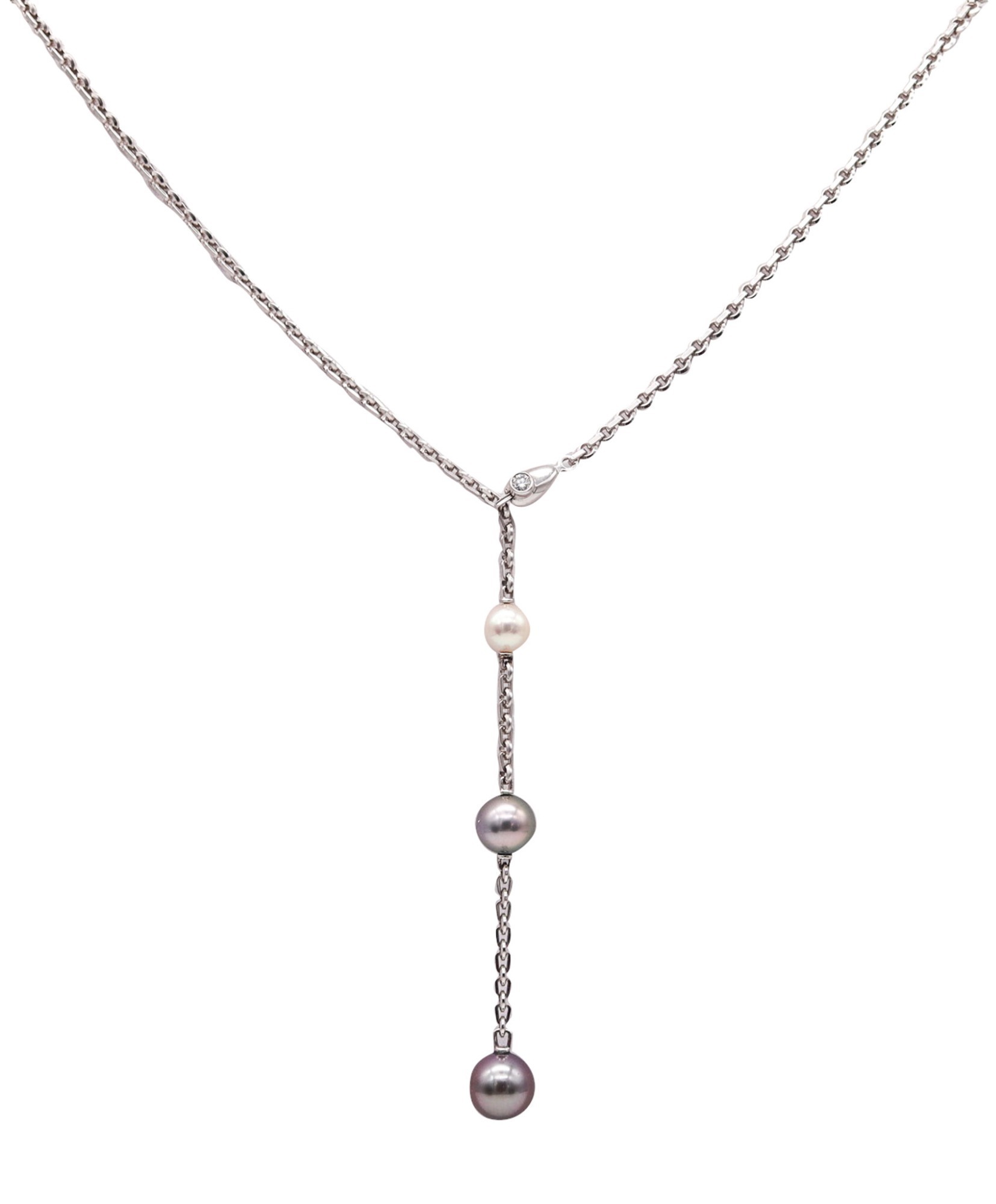 CARTIER PARIS 18K WHITE GOLD DIAMOND AND PEARL CALIN LARIEAT NECKLACE, CIRCA 2001