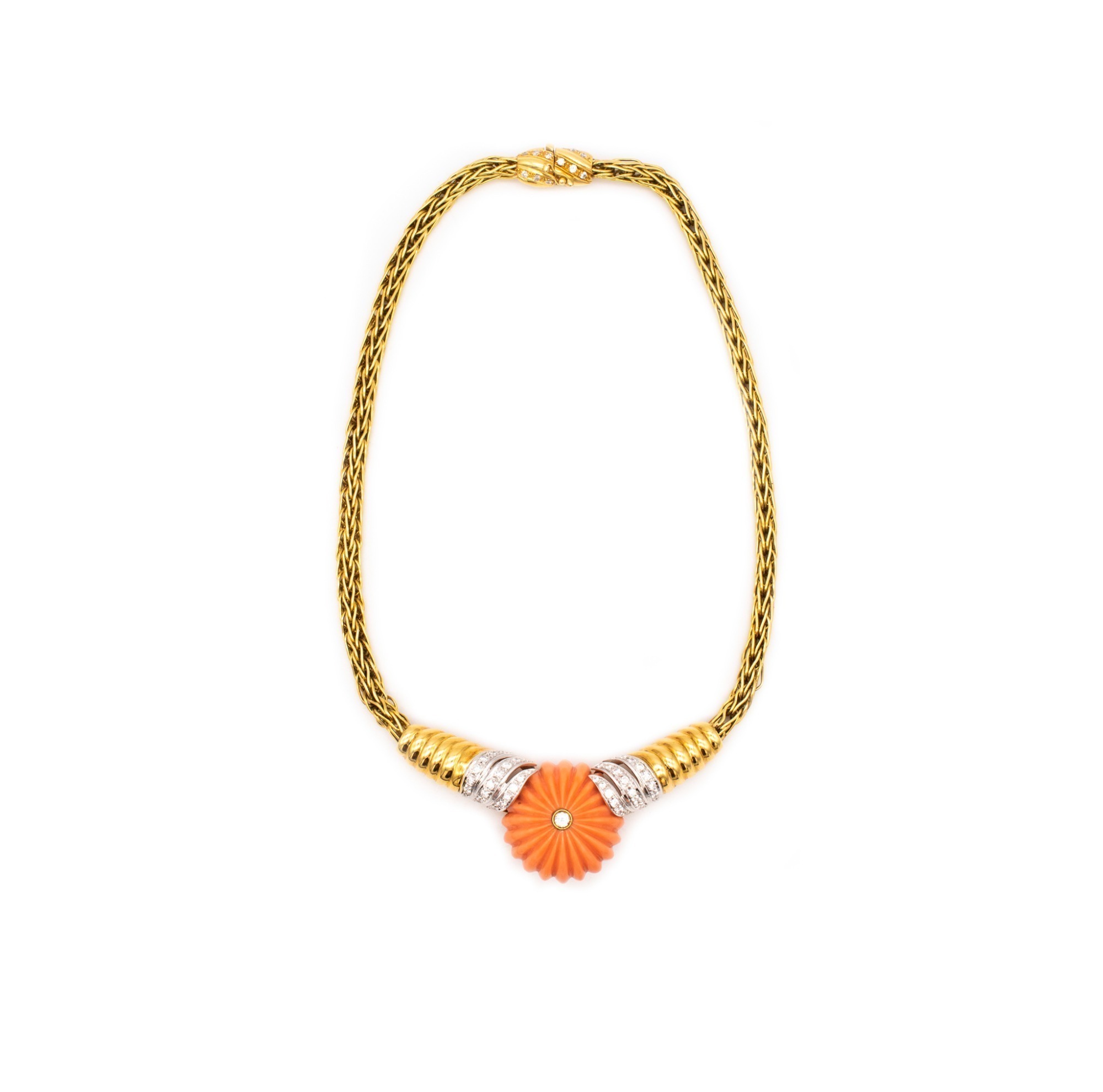 SPRITZER AND FUHRMANN 18K GOLD DIAMOND AND CORAL NECKLACE, CIRCA 1960’S