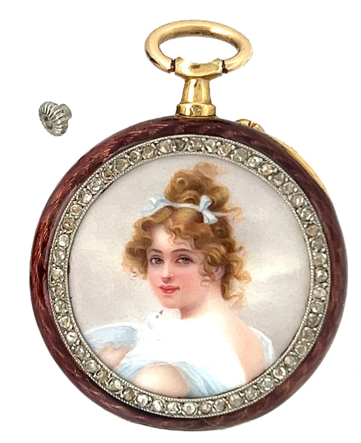 GOLAY FILS AND STAHL MINIATURE GOLD ENAMEL AND DIAMOND PENDANT WATCH, CIRCA 1905