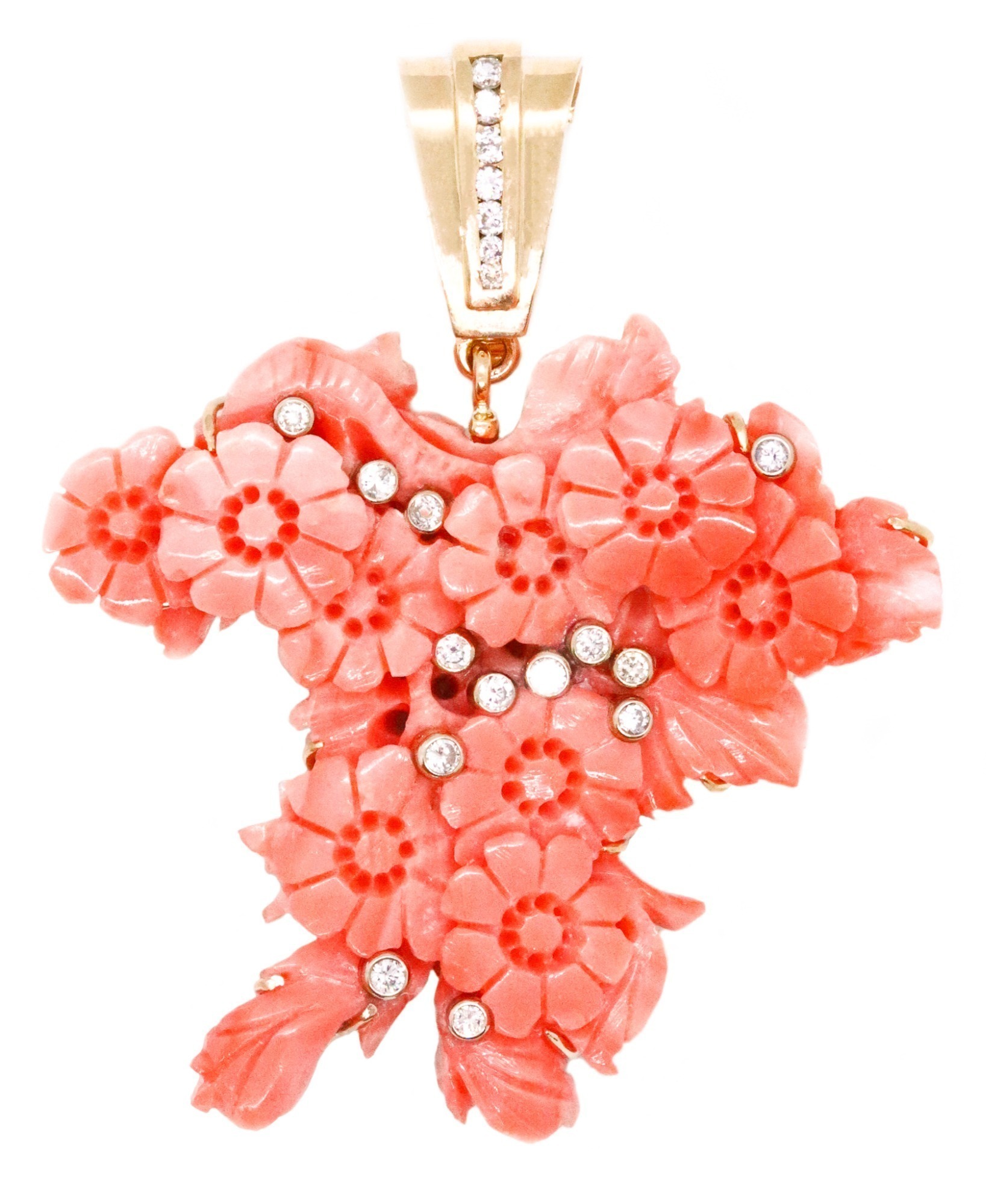 14K GOLD CARVED CORAL AND DIAMOND ORGANIC CLUSTER OF FLOWER PENDANT, CIRCA 1972