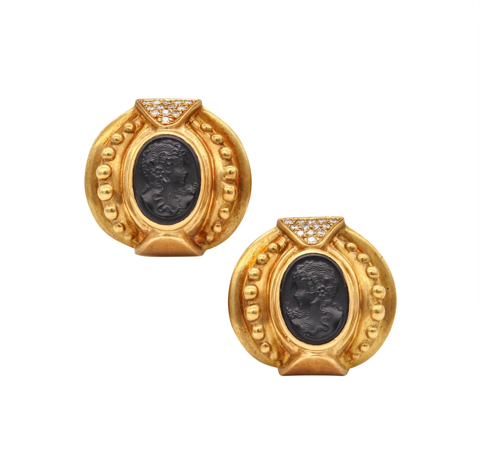 ETRUSCAN REVIVAL STYLE 18K GOLD EARRINGS WITH DIAMONDS AND ONYX CAMEOS