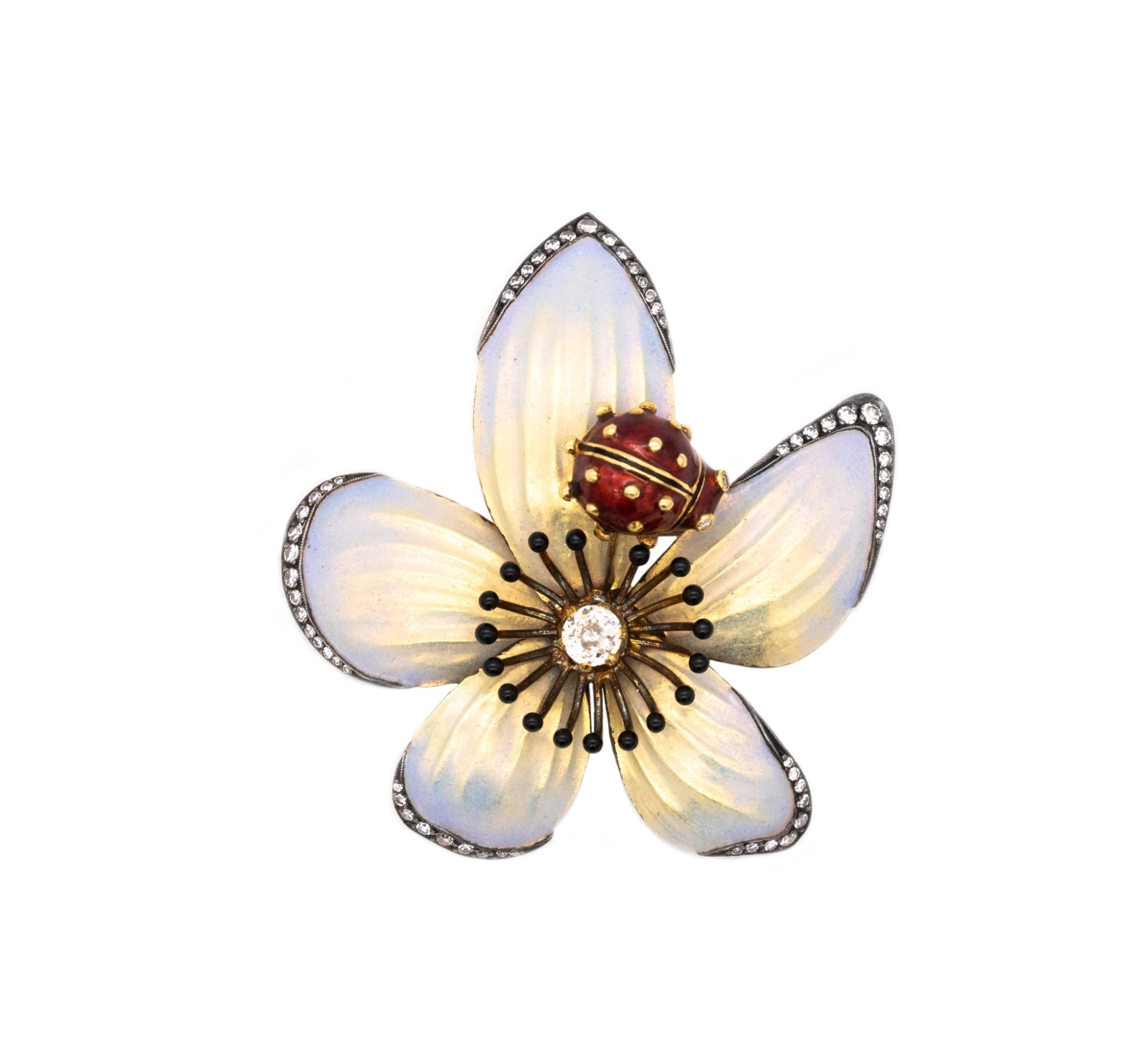 MOIRA OF LONDON 18K GOLD ENAMEL AND DIAMOND ART NOUVEAU STYLE FLOWER BROOCH