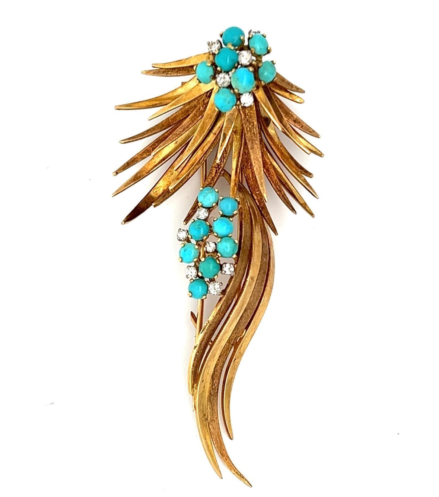 18K GOLD PERSIAN TURQUOISE AND DIAMOND FLOWER FORM BROOCH, CIRCA 1950