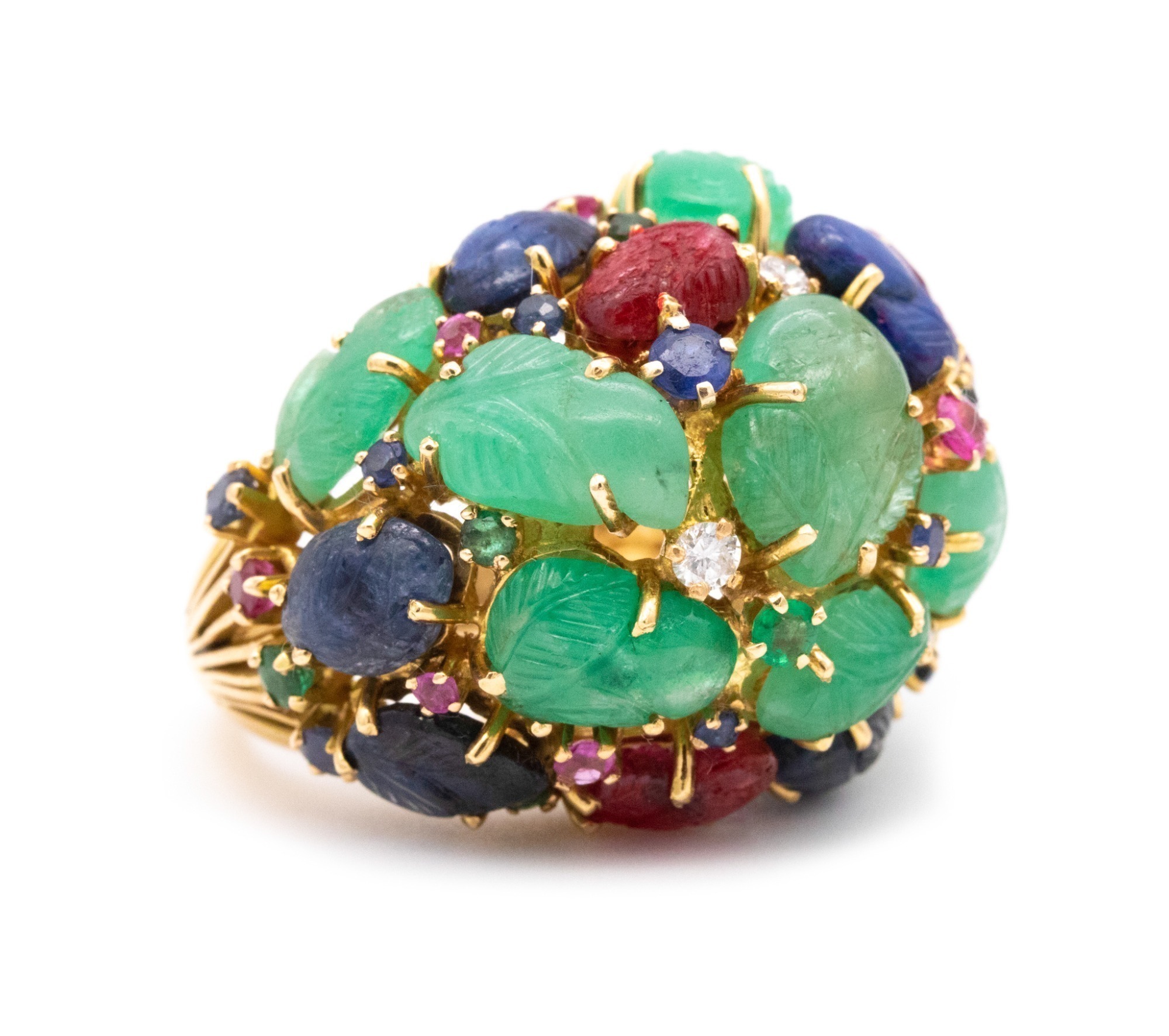 TUTTI FRUTTI 18K GOLD DIAMOND AND GEMSTONE COCKTAIL RING, CIRCA 1950