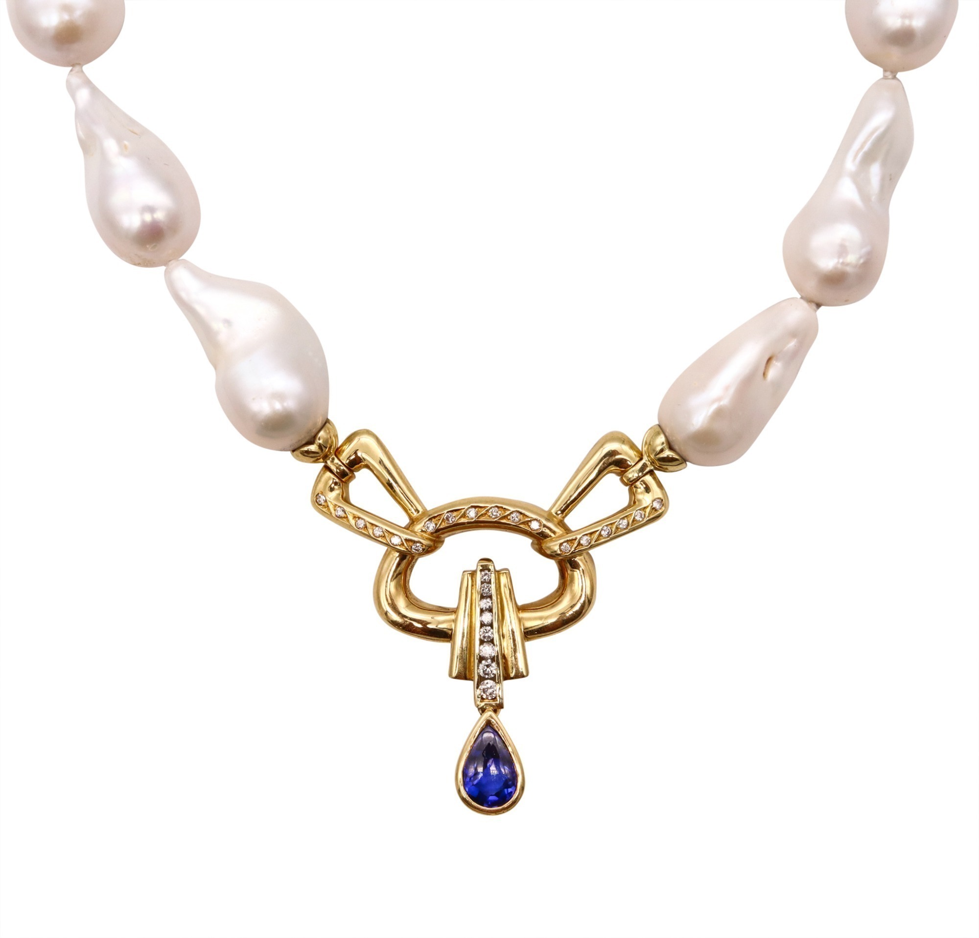 ITALIAN 18K GOLD AND BAROQUE PEARL NECKLACE WITH DIAMONDS AND SAPPHIRES