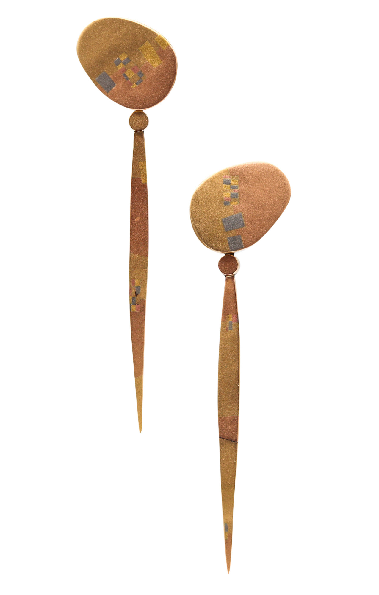 RENA KOOPMAN SCULPTURAL CONVERTIBLE DROP EARRINGS IN 18K GOLD WITH MOKUME DECORATION