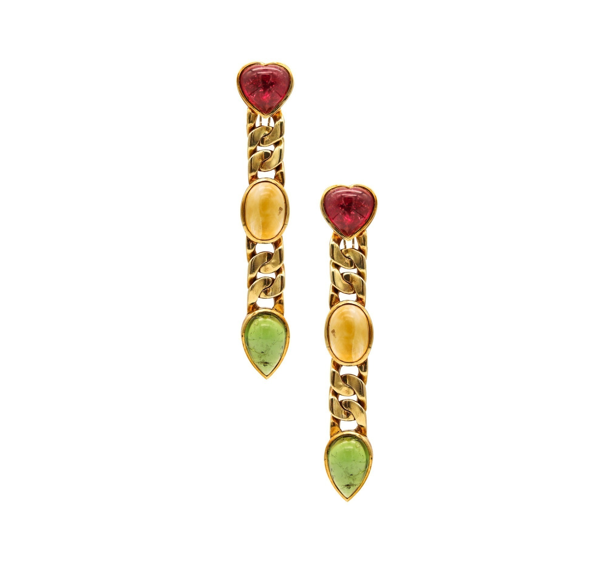 TARQUINIUS 18K GOLD AND TOURMALINES DANGLE DROP EARRINGS, CIRCA 1986