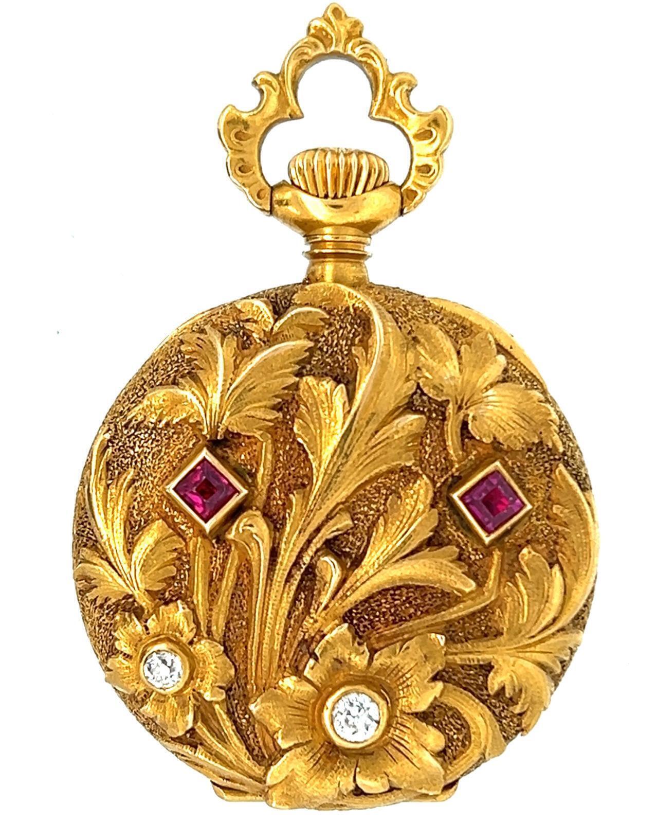 ART NOUVEAU C. H. MEYLAN 18K GOLD RUBY AND DIAMOND PENDANT WATCH, CIRCA 1890