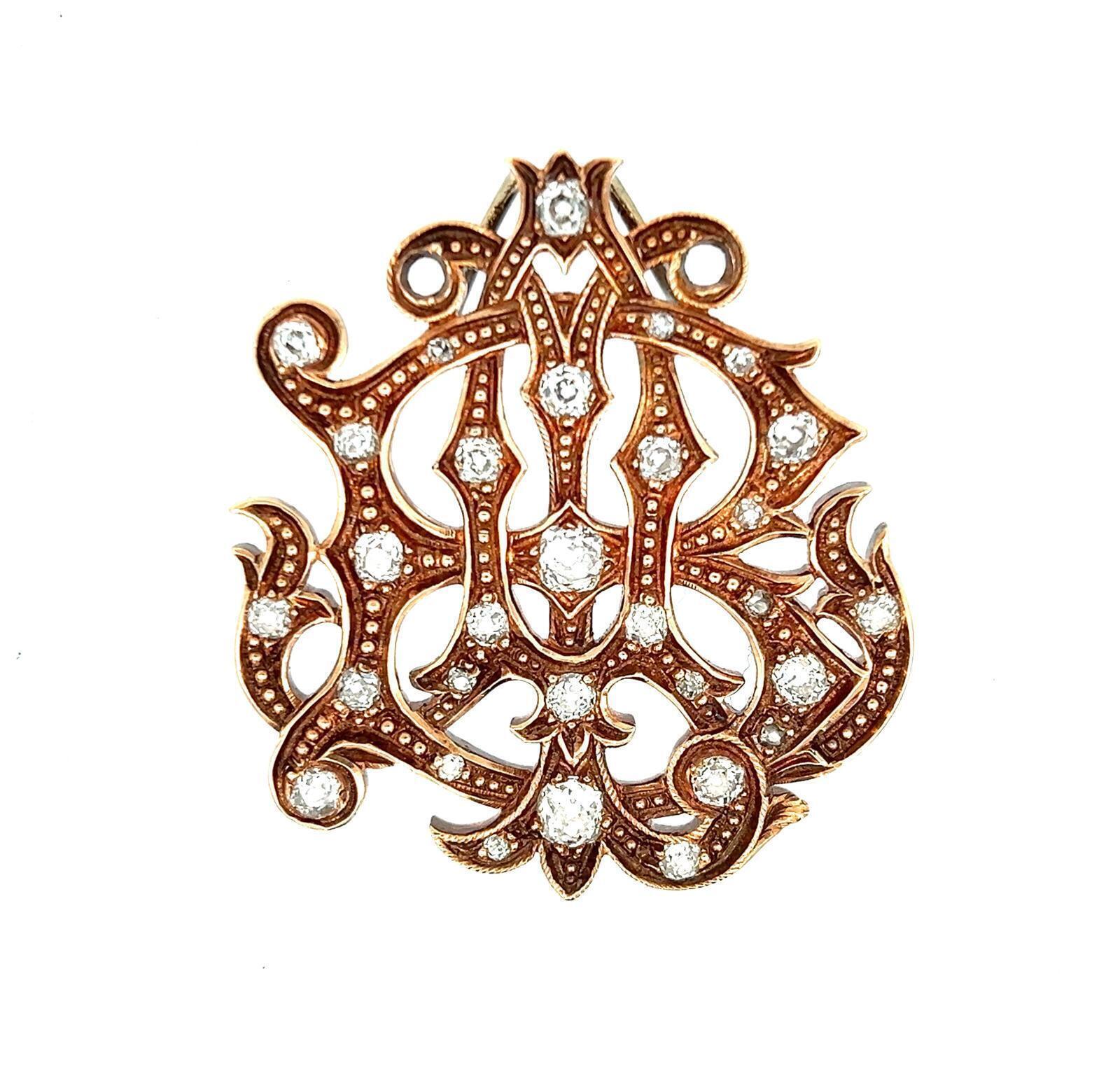 VICTORIAN ORNATE 3 LETTER 18K ROSE GOLD AND DIAMOND MONOGRAM PENDANT, CIRCA 1880