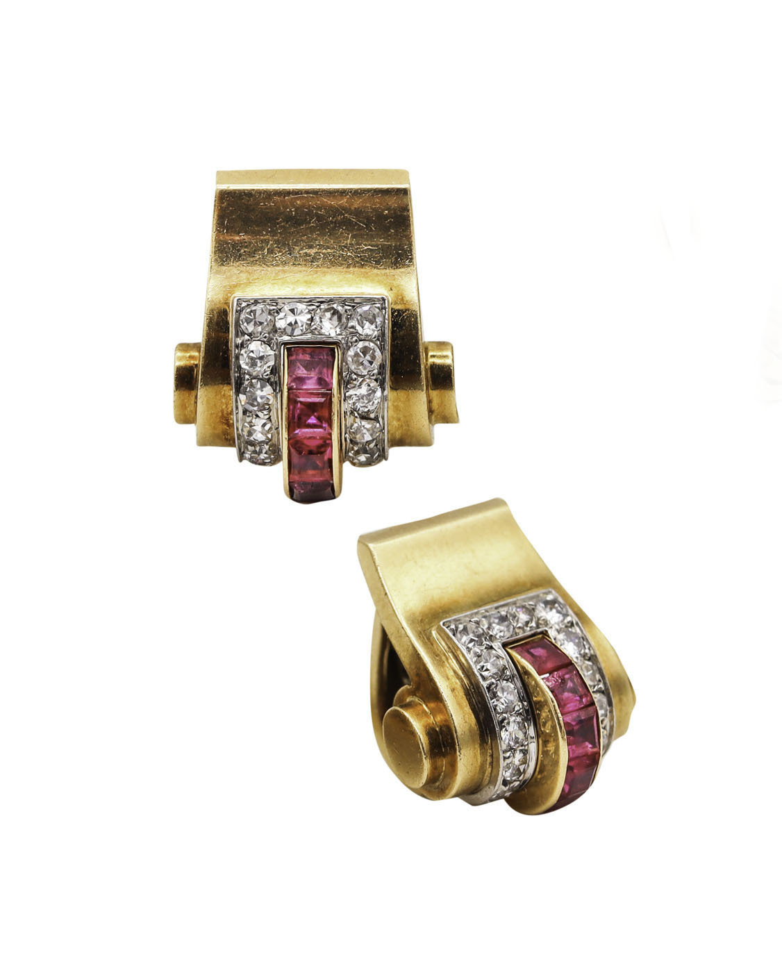 BOUCHERON PARIS RETRO STYLE 18K GOLD RUBY AND DIAMOND EARRINGS, CIRCA 1937