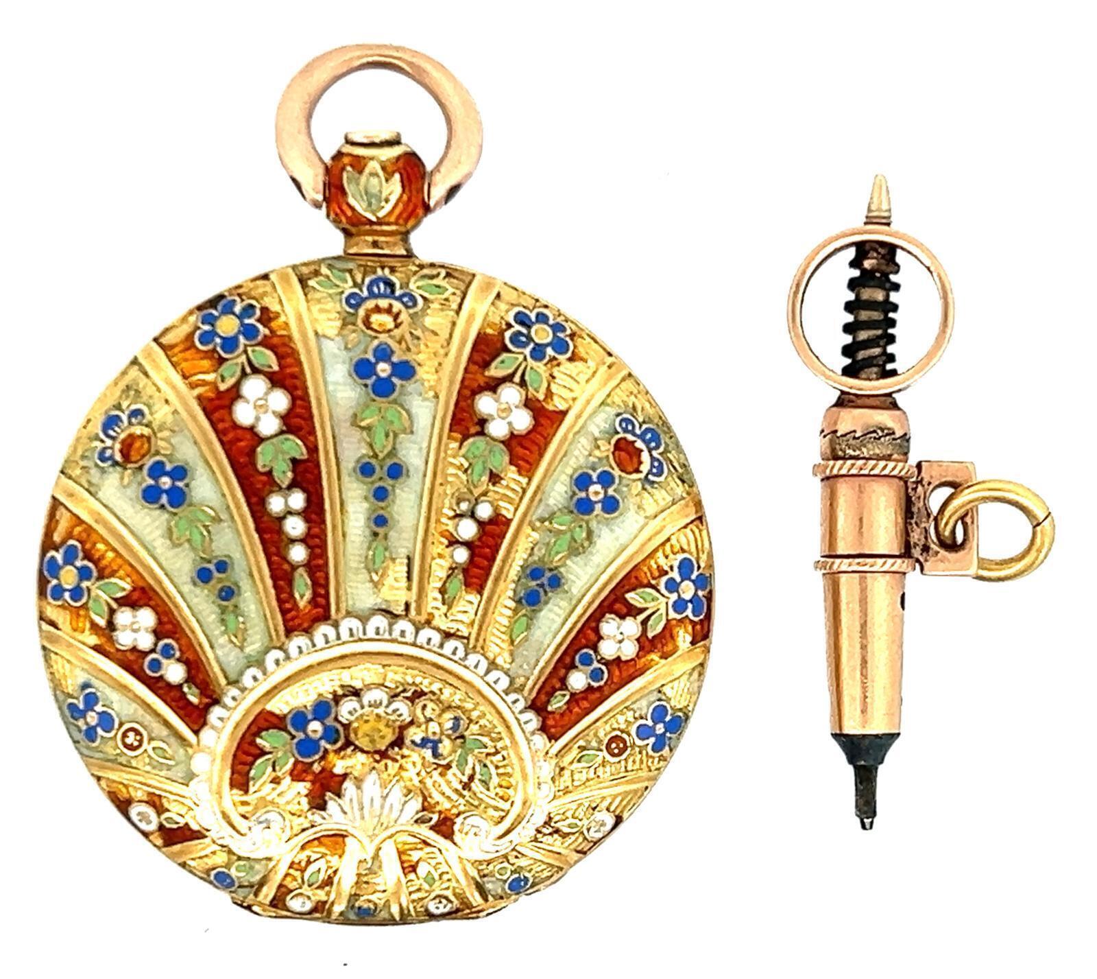 BREGUET MINIATURE 18K GOLD AND ENAMEL KEY WIND PENDANT WATCH