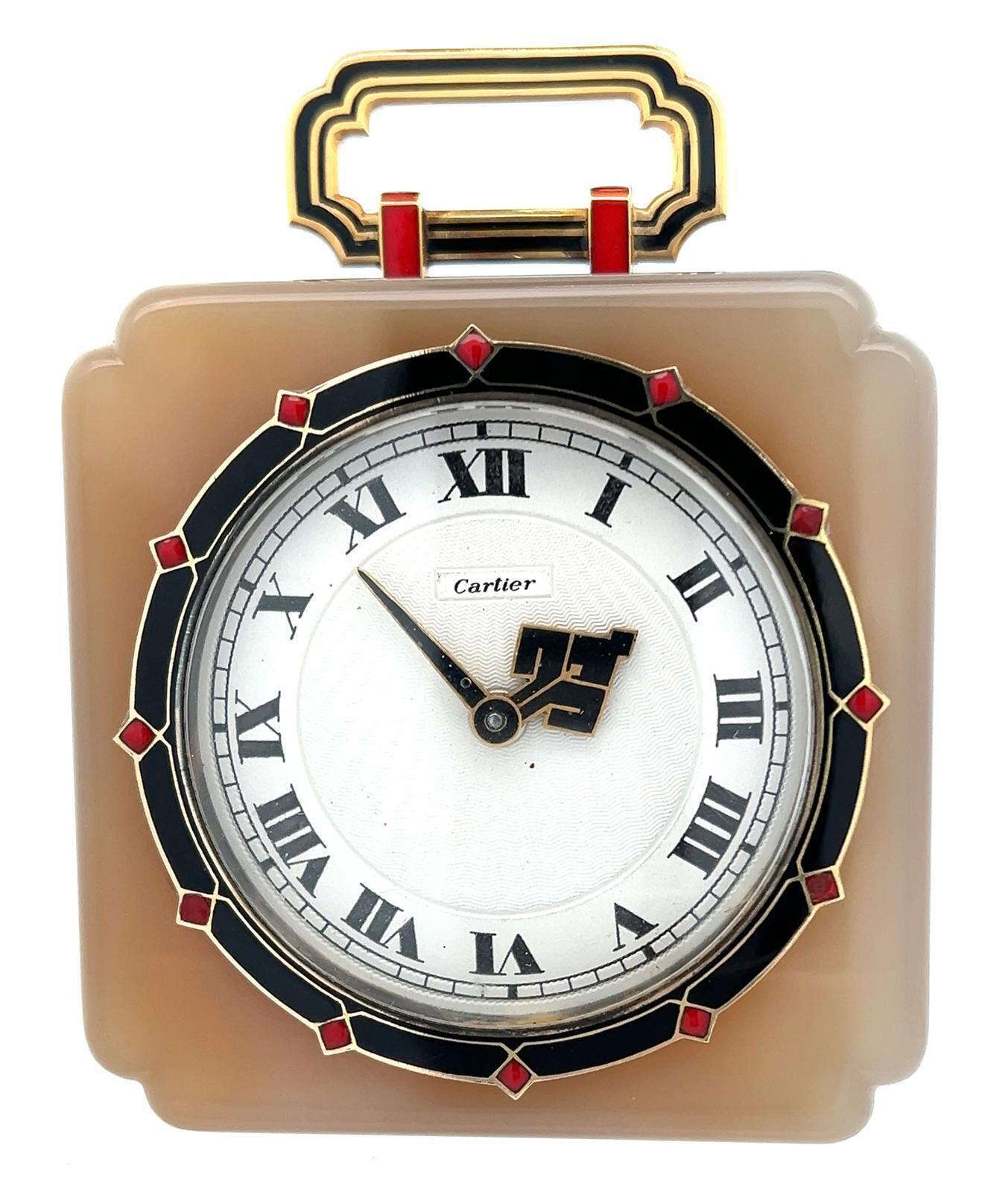 CARTIER AGATE GOLD AND ENAMEL ART DECO DESK CLOCK