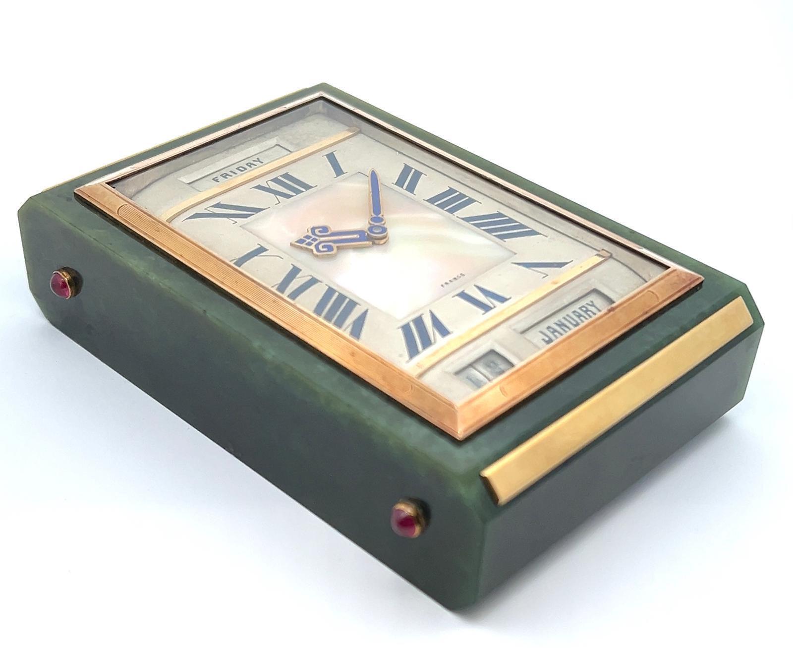 CARTIER - EUROPEAN WATCH AND CLOCK CO JADE, GOLD, & RUBY TRIPLE CALENDAR DESK CLOCK, CIRCA 1925