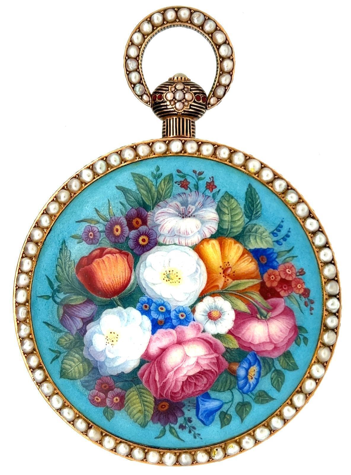 CHINESE MARKET DUPLEX ENAMEL MASSIVE 18K GOLD, PEARL AND ENAMEL POCKET WATCH, CIRCA 1850