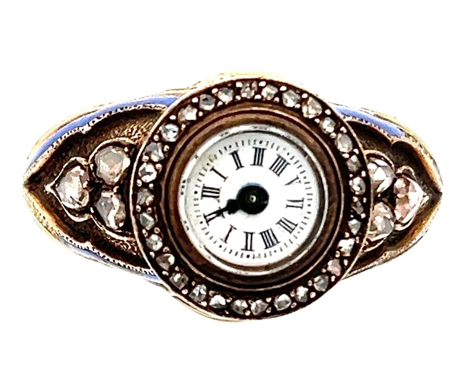 FRENCH RING WATCH IN 18K GOLD WITH ROSE CUT DIAMONDS AND ENAMEL, CIRCA 19TH CENTURY