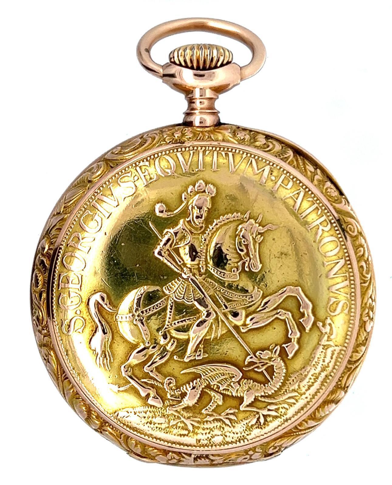 RARE PATEK PHILIPPE ST. GEORGE AND DRAGON 18K LARGE SIZE POCKET WATCH, CIRCA 1900