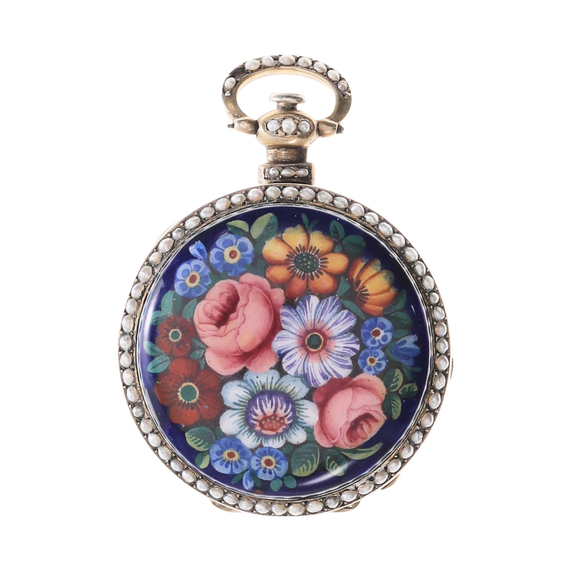 Swiss for Chinese Market Enamel and Seed Pearl Keywind Pendant Watch, Circa 1860
