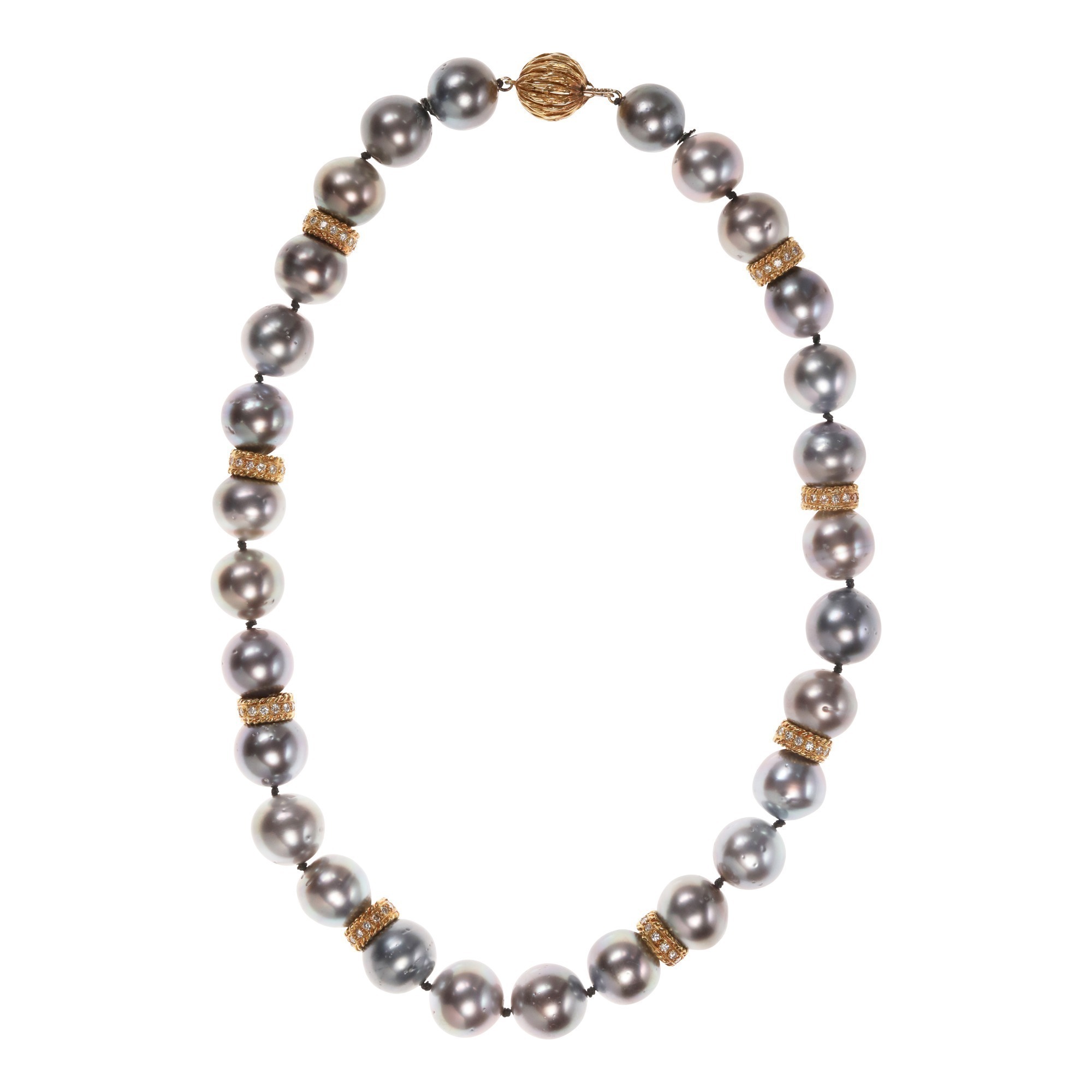 A South Sea Cultured Black Pearl, 18K Yellow Gold and Diamond Necklace with 12mm to12.5mm Pearls